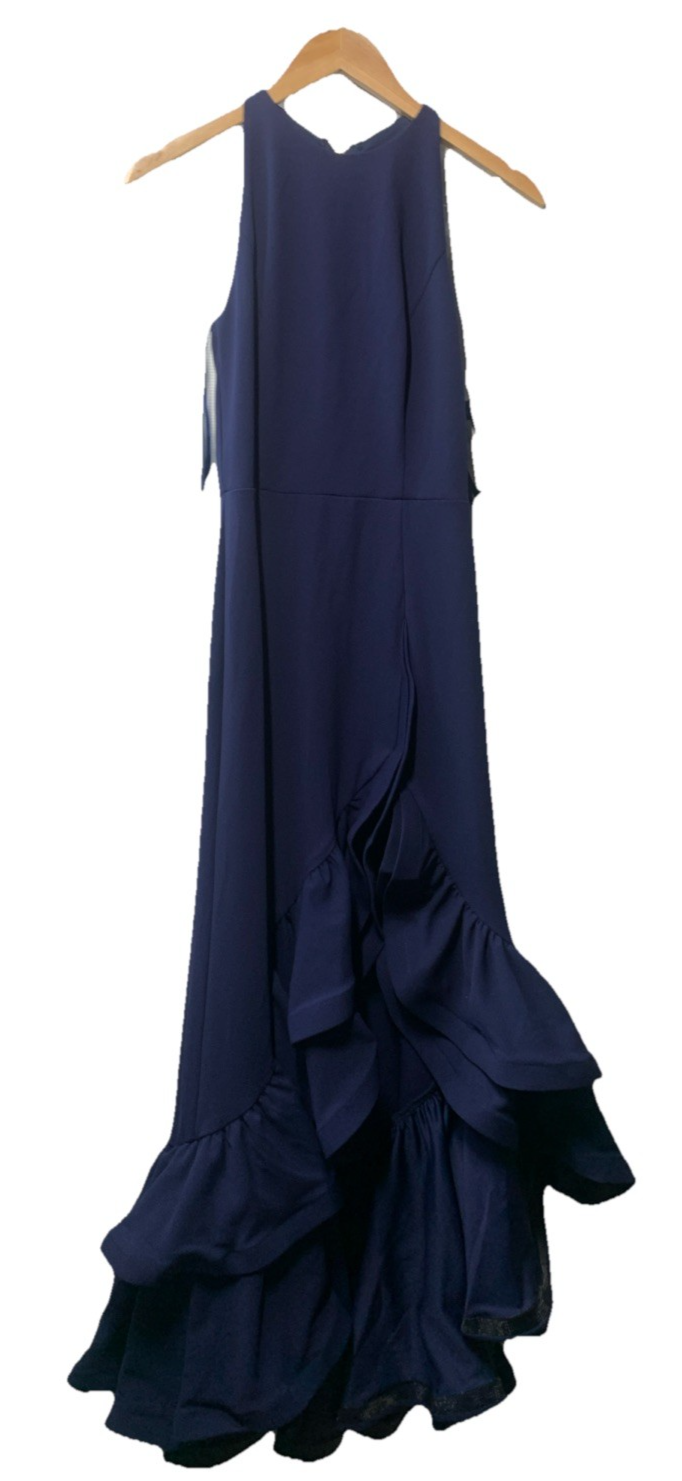 Betsy & Adam Women's Navy Blue Long Sleeveless Crepe Tiered Ruffle Gown Dress 6