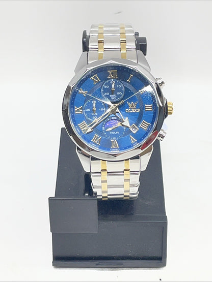 OLEVS Chronograph Wristwatch Blue Dial Date Gold Silver Metal 3ATM Water Resist