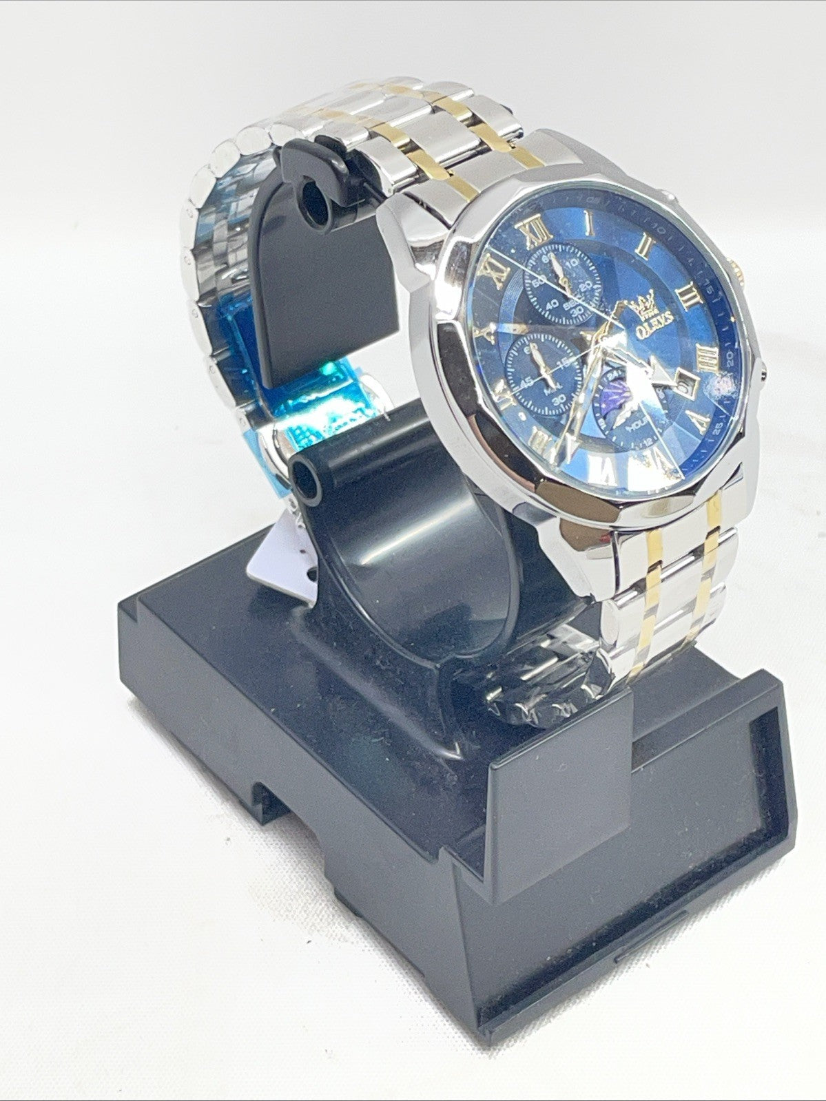 OLEVS Chronograph Wristwatch Blue Dial Date Gold Silver Metal 3ATM Water Resist