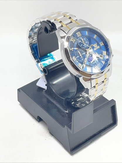 OLEVS Chronograph Wristwatch Blue Dial Date Gold Silver Metal 3ATM Water Resist