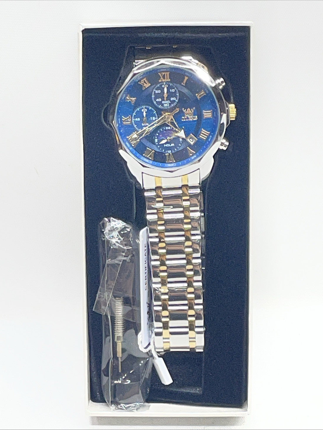 OLEVS Chronograph Wristwatch Blue Dial Date Gold Silver Metal 3ATM Water Resist