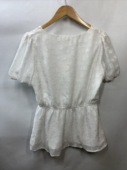 GRACE KARIN Blouse Women Swiss Dot A-Line Tops Short Sleeve V-Neck Size M White