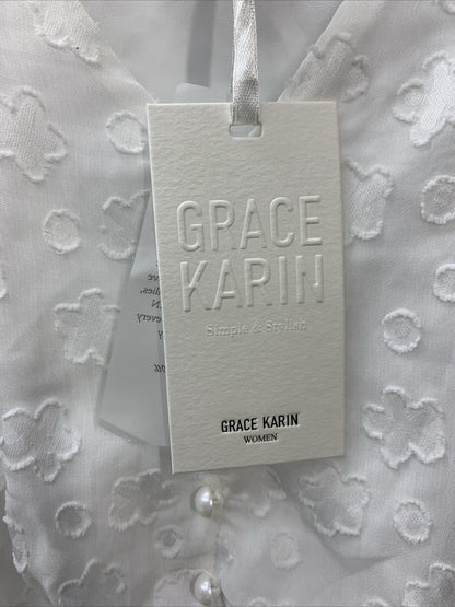 GRACE KARIN Blouse Women Swiss Dot A-Line Tops Short Sleeve V-Neck Size M White