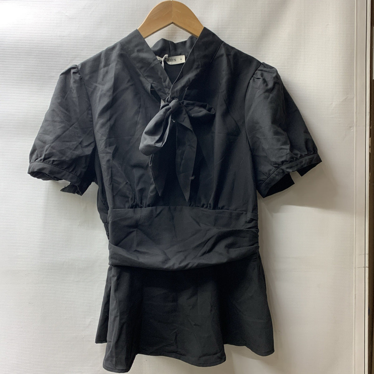 GRACE KARIN Women's Office Bow Tie Blouse Short Puff Sleeve Peplum Blue Size Med