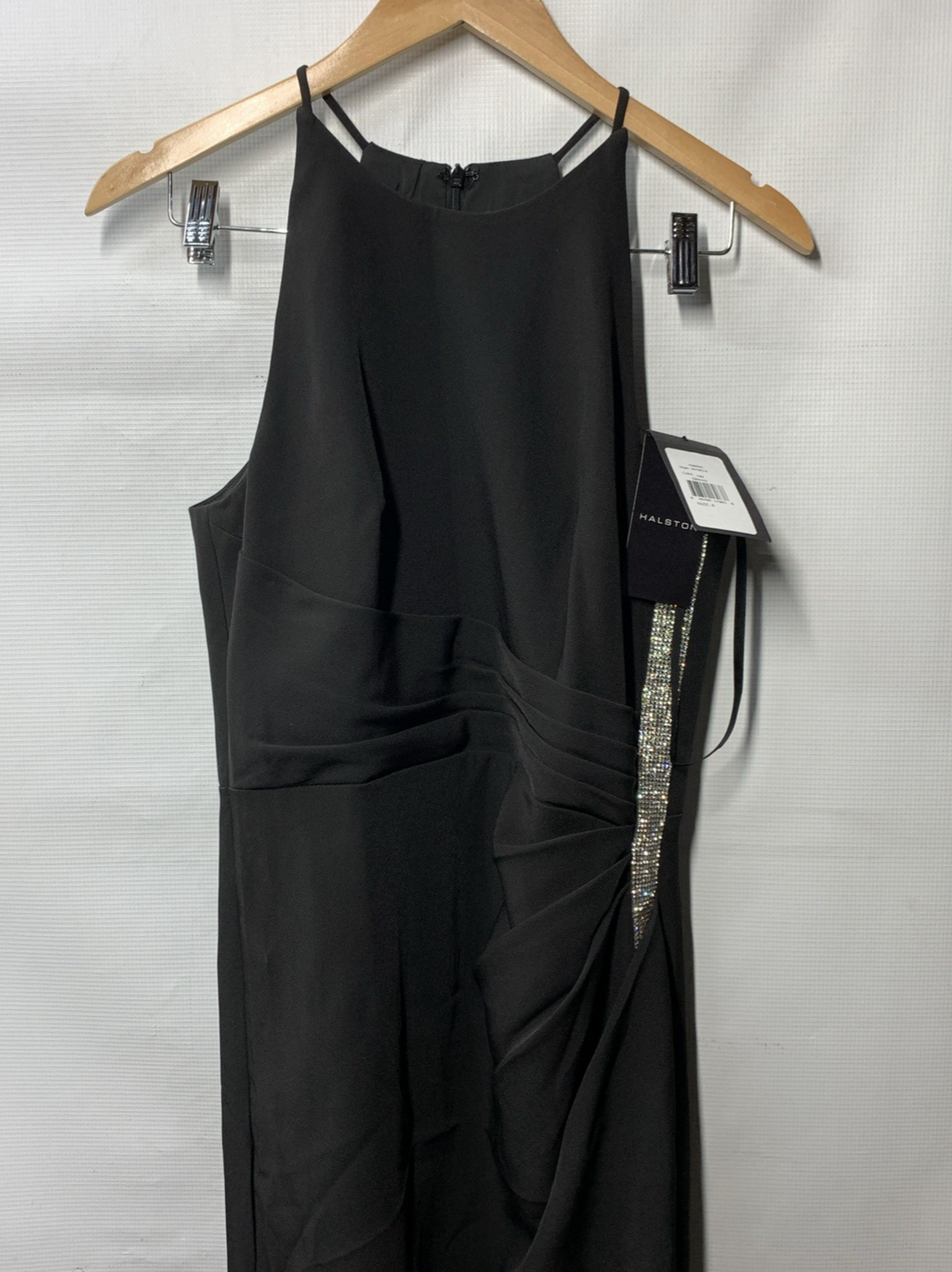 HALSTON Women's Annika Gown Dress Stretch Crepe Halter Black Sleeveless Size 8