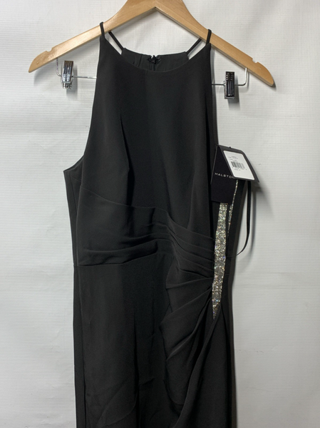 HALSTON Women's Annika Gown Dress Stretch Crepe Halter Black Sleeveless Size 8