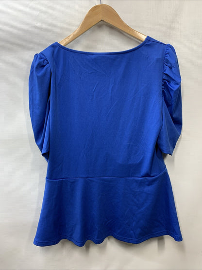 Grace Karin Blue Women's Puff Sleeve Short Sleeve V-Neck Peplum Wrap Blouse XL