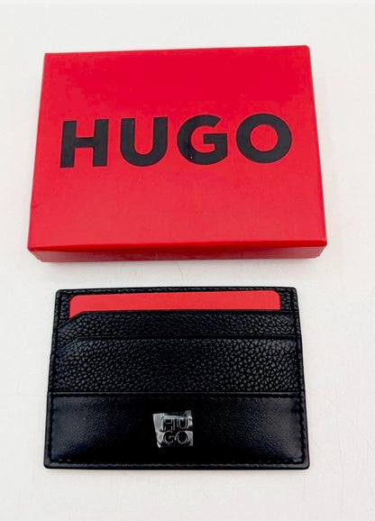 HUGO Stacked Logo Leather Credit Card Case Black Compact storage for Credit Card