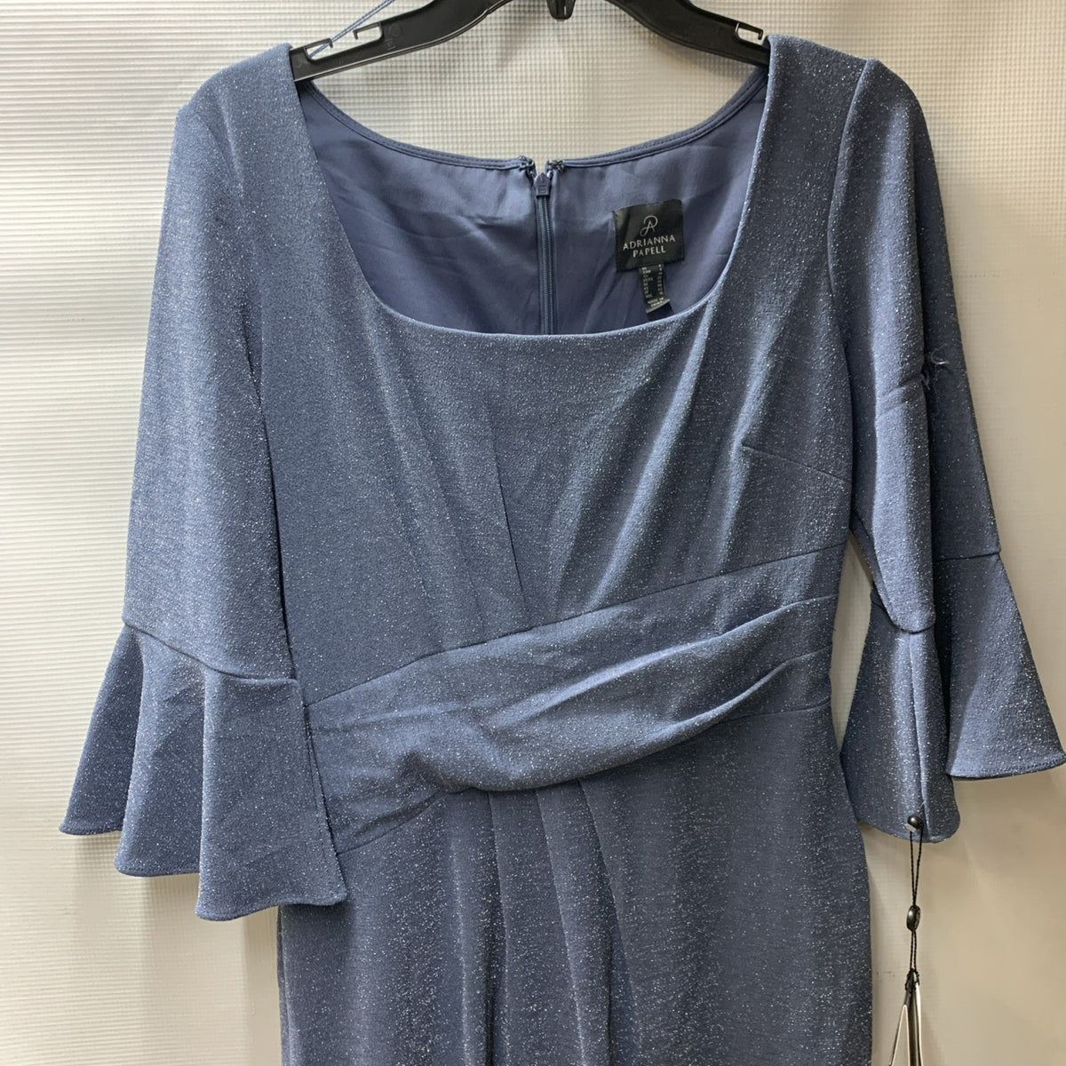 Adrianna Papell Women's Metallic Knit Draped Dress Steel Blue Square Neck Size 6