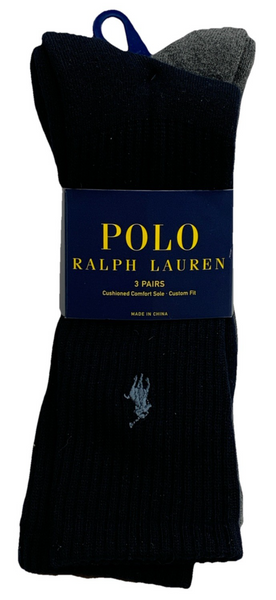 Polo Ralph Lauren Ribbed Cushion Foot Crew Men's Socks 8428PK Size 10-13 3 Pair