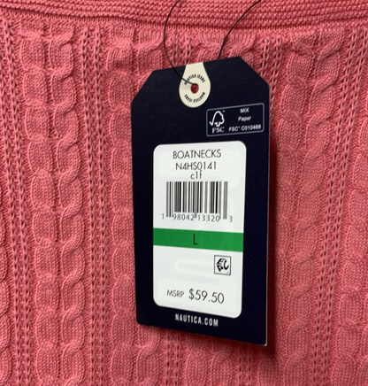 Nautica Jeans Womens Sweater Cable Knit Pink Cotton Long Sleeve Boatneck Size L