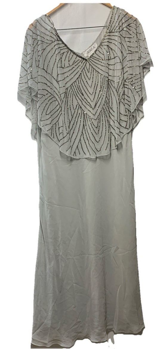 J Kara Sequin Capelet Long Beaded Dress V-neck Pull On Size 14p Gray/sliver