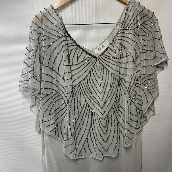 J Kara Sequin Capelet Long Beaded Dress V-neck Pull On Size 14p Gray/sliver