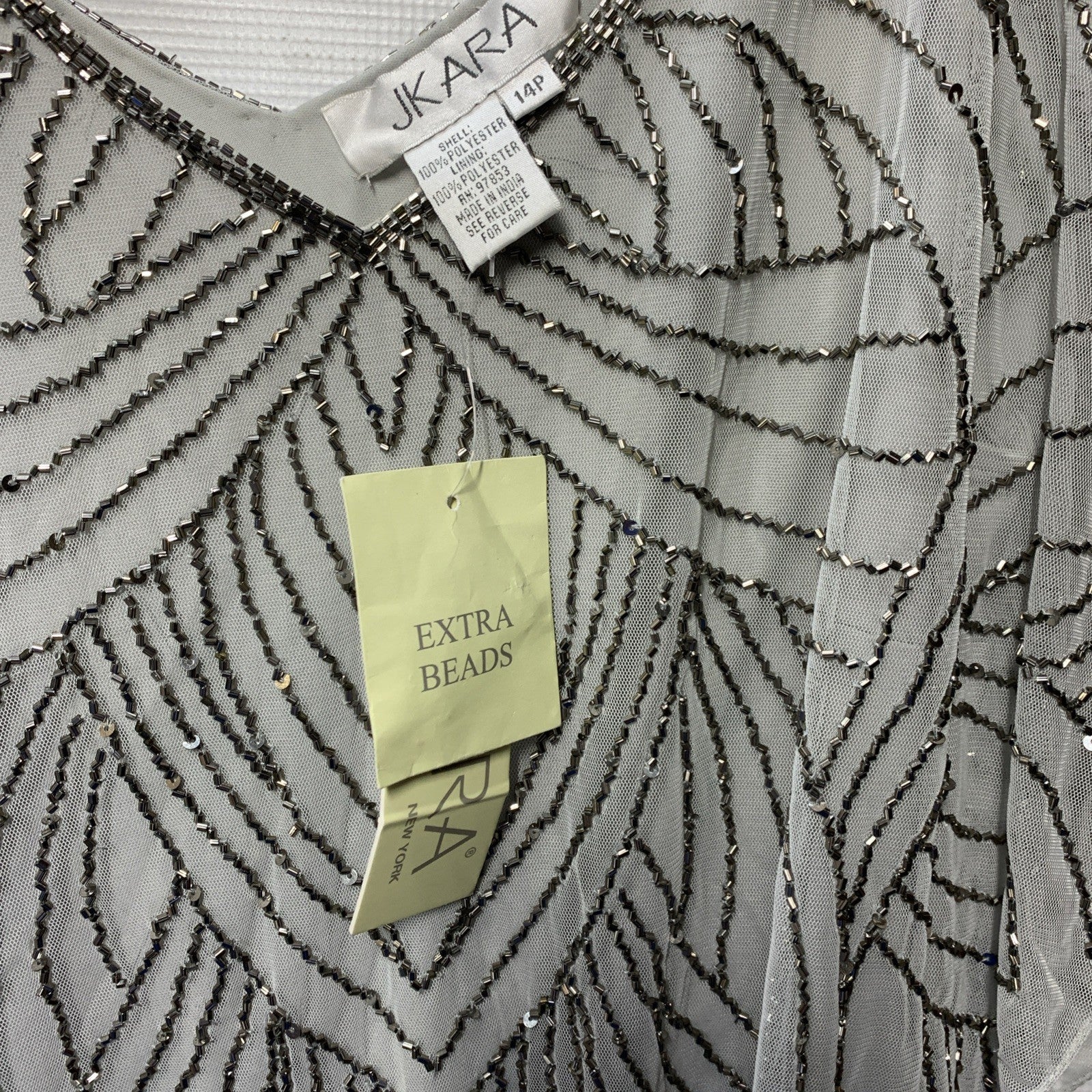 J Kara Sequin Capelet Long Beaded Dress V-neck Pull On Size 14p Gray/sliver