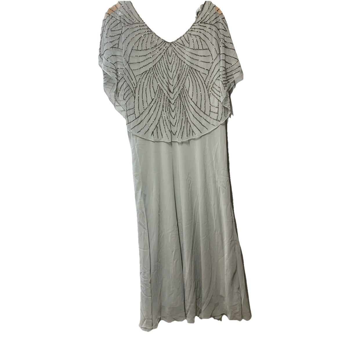 J Kara Sequin Capelet Long Beaded Dress V-neck Pull On Size 14p Gray/sliver