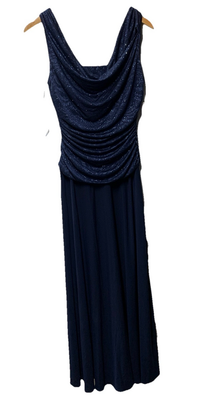 R&m Richards Women's Glitter Knit Chiffon Evening Gown Navy Blue 10 Sleeveless