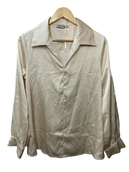 Satin Silk Women's Blouse Loose Fit Comfy Tops Beige Size M Long Sleeve Collared