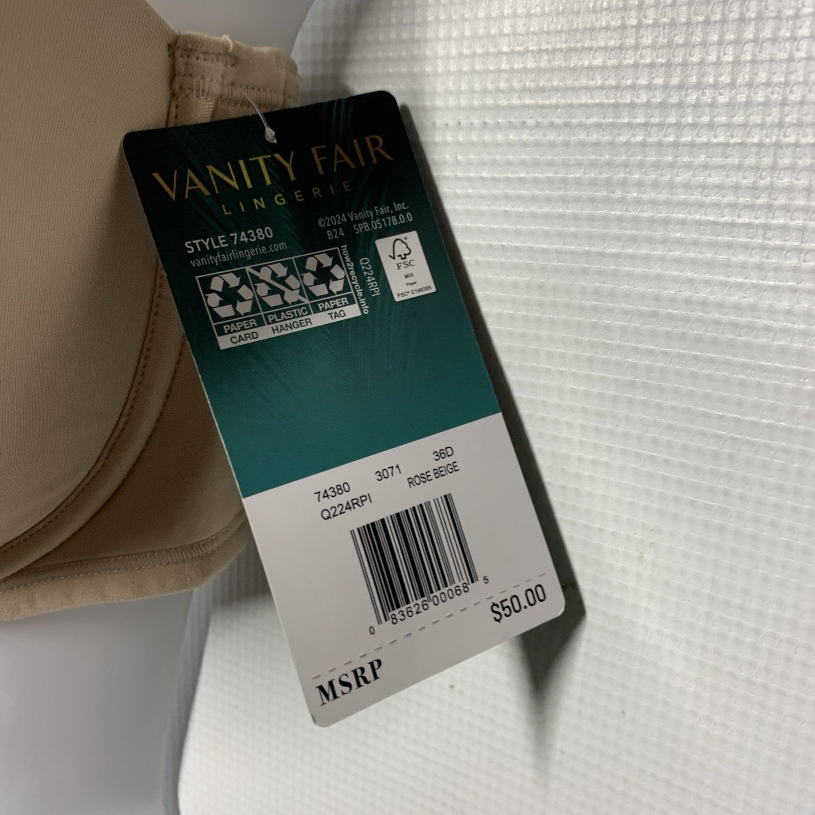 Vanity Fair 74380 Womens Bra Strapless Beauty Back Underwire Rose Beige Size 36D