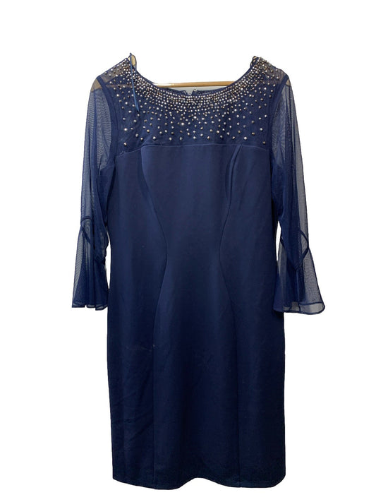 Alex Evenings 8160208 Navy Embellished Illusion Neckline Sheath Dress Size 12
