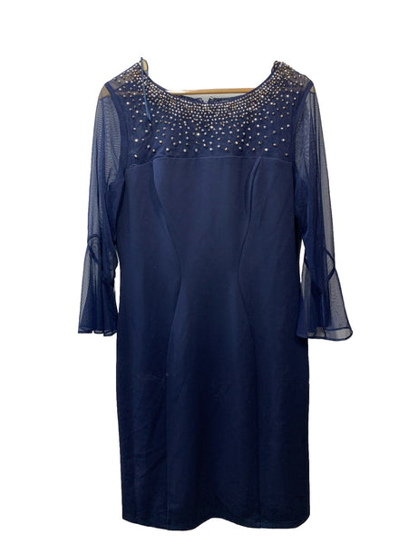 Alex Evenings 8160208 Navy Embellished Illusion Neckline Sheath Dress Size 12