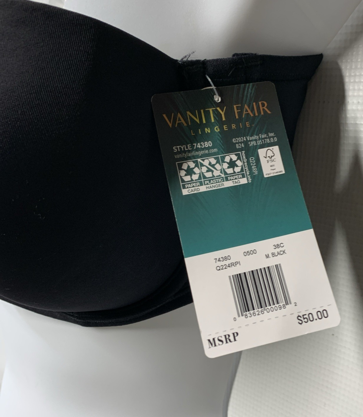 Vanity Fair Womens Beauty Back Strapless Full Figure Underwire Bra Black 38C