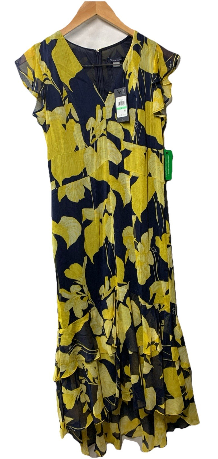 Tommy Hilfiger Womens Chiffon Flutter Sleeve Hem V-Neck Midi Formal Dress Size 8