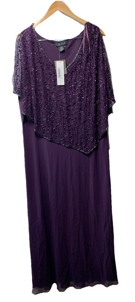 J Kara Sequin Capelet Long Beaded Dress V-neck Pull On Size 22W Purple