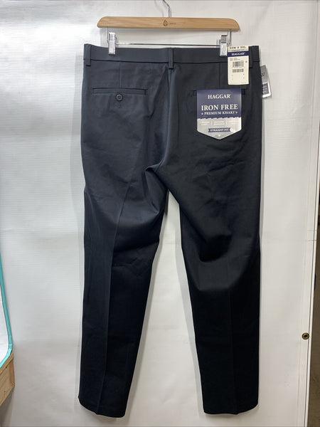 Haggar Men's Black Straight Fit Flat Front Dress Long Pants Size 33Wx30L