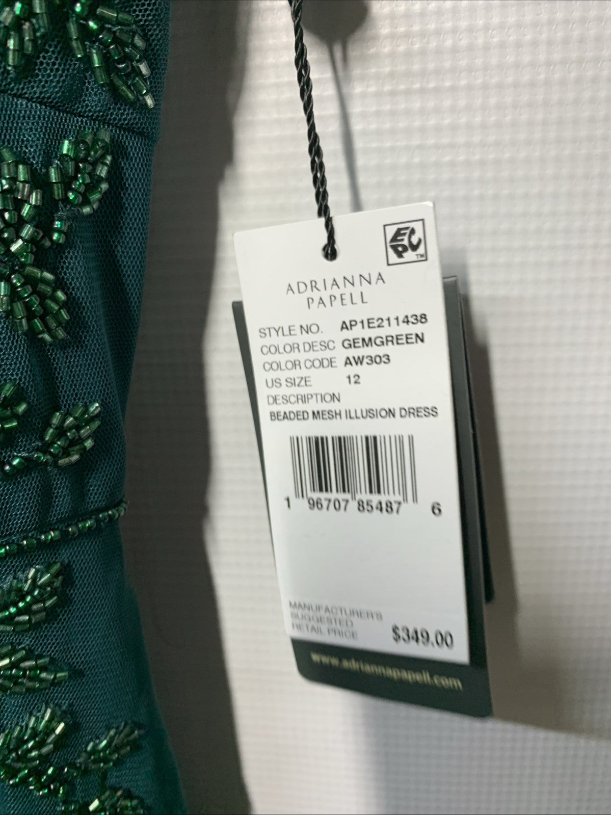 Adrianna Papell Women's Green Beaded Floral Gown Dress Sleeveless V-neck Size 12
