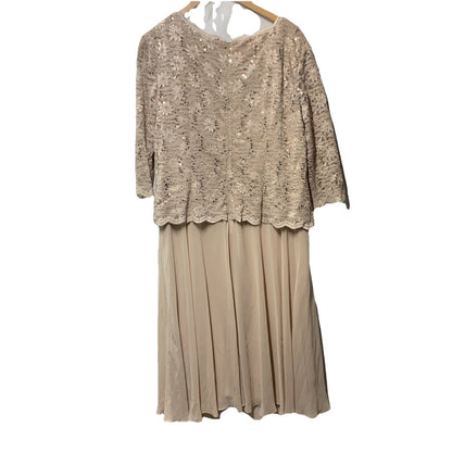 Alex Evenings Women's Tea Length Embroidered Bodice 3/4 Sleeve Size 18W Taupe