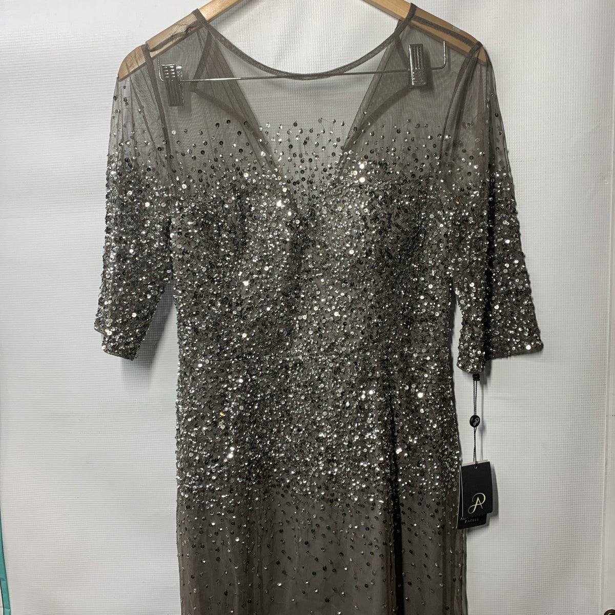Adrianna Papell Women's Light Sliver Beaded Illusion Column Evening Gown Size 10