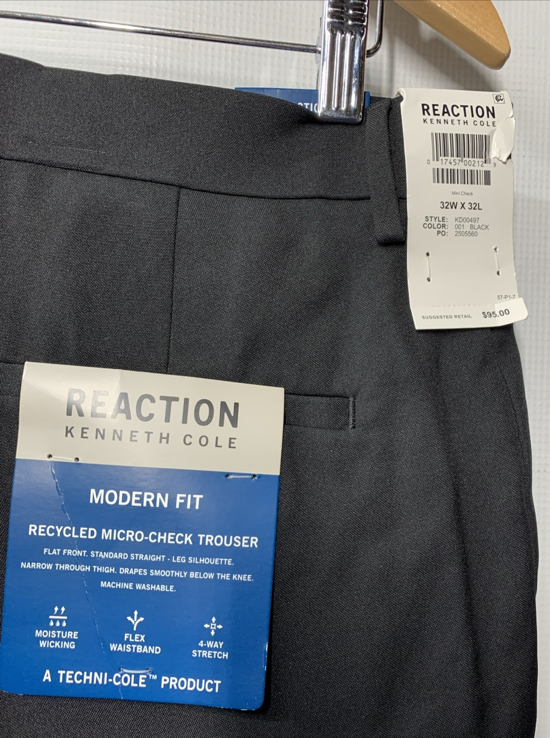Kenneth Cole Reaction Recycled Micro-check Trouser Flat Front Dress Pant 32Wx32L