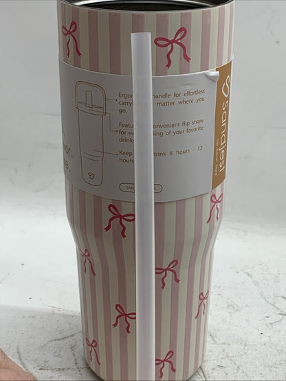 SANDJEST Bow Stainless Steel 30oz Beverage Water Tumbler w/Flip Straw & Handle