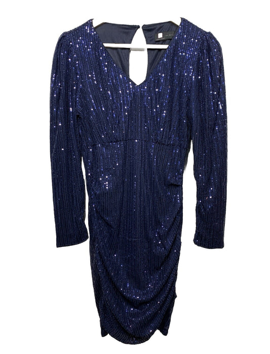 KANCY KOLE Womens Sexy V Neck Sequin Ruched Bodycon Mini Dress Small Long Sleeve