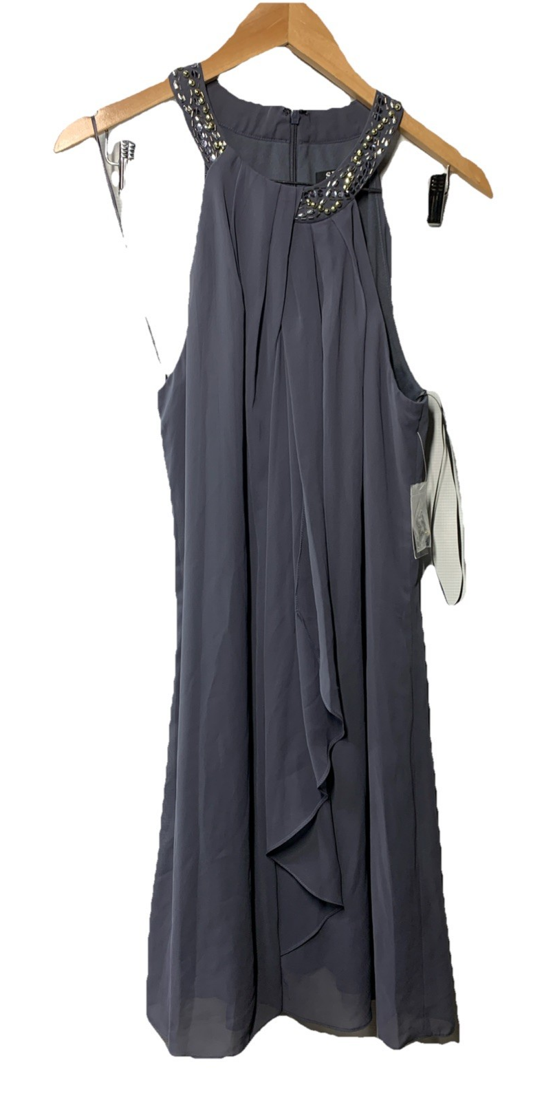 SLNY Womens Beaded Halter Ruffled Sleeveless A-Line Dress Cocktail Party Size 14