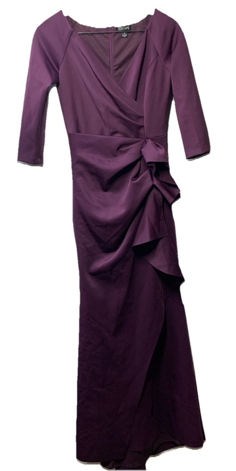Xscape Women's Long 3/4 Sleeve V-Neck Side Ruched Gown Dress Elegant Size 4