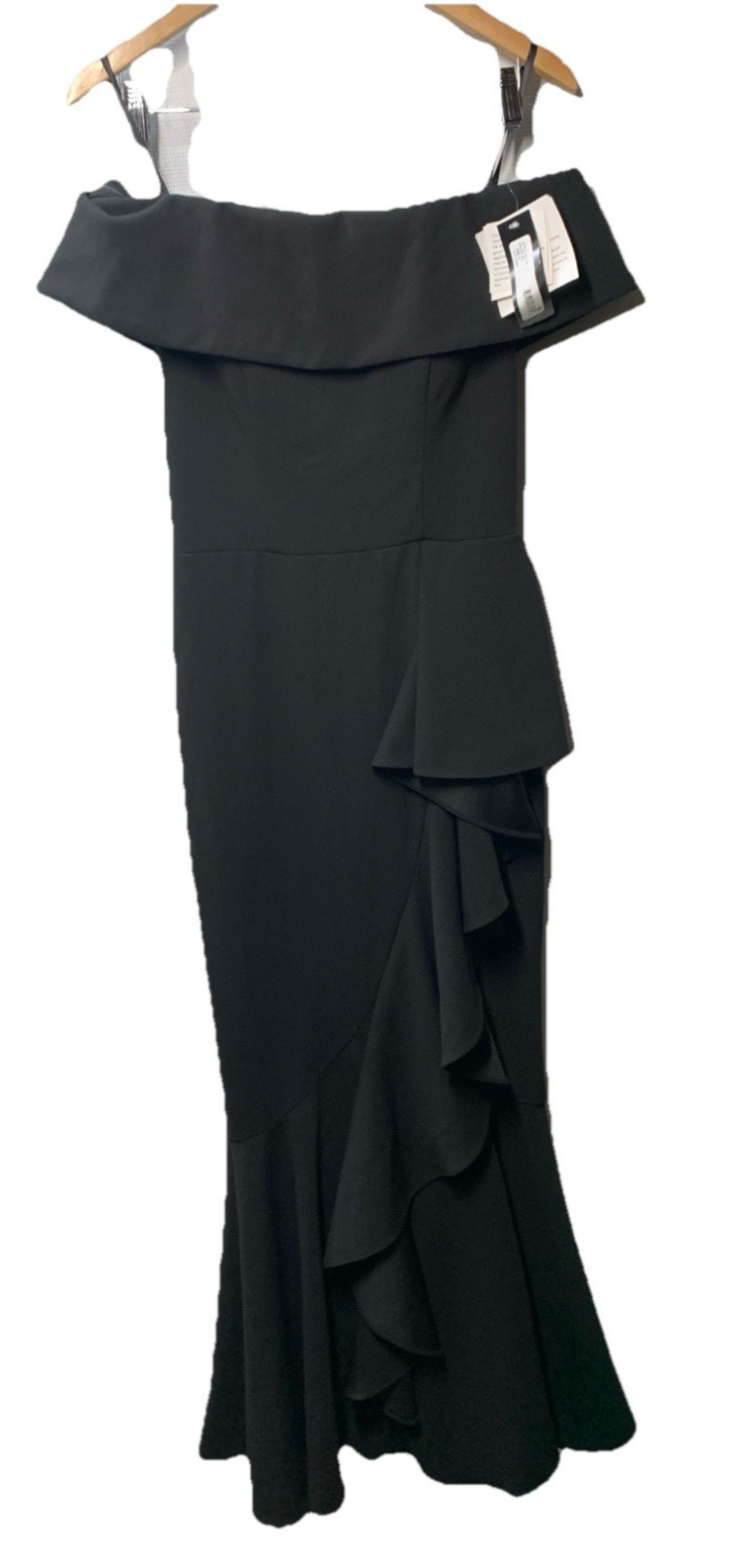 Betsy & Adam Long Off Shoulder Cascade Ruffle Stetch Scuba Crepe Gown Size 8 BLK