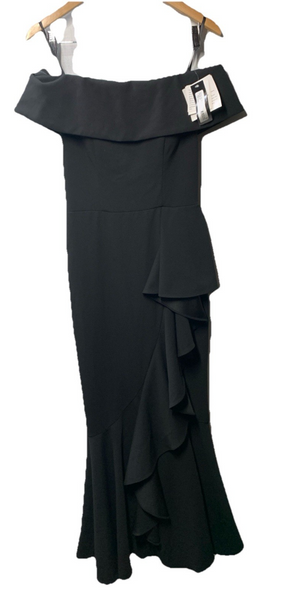 Betsy & Adam Long Off Shoulder Cascade Ruffle Stetch Scuba Crepe Gown Size 8 BLK
