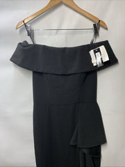 Betsy & Adam Long Off Shoulder Cascade Ruffle Stetch Scuba Crepe Gown Size 8 BLK