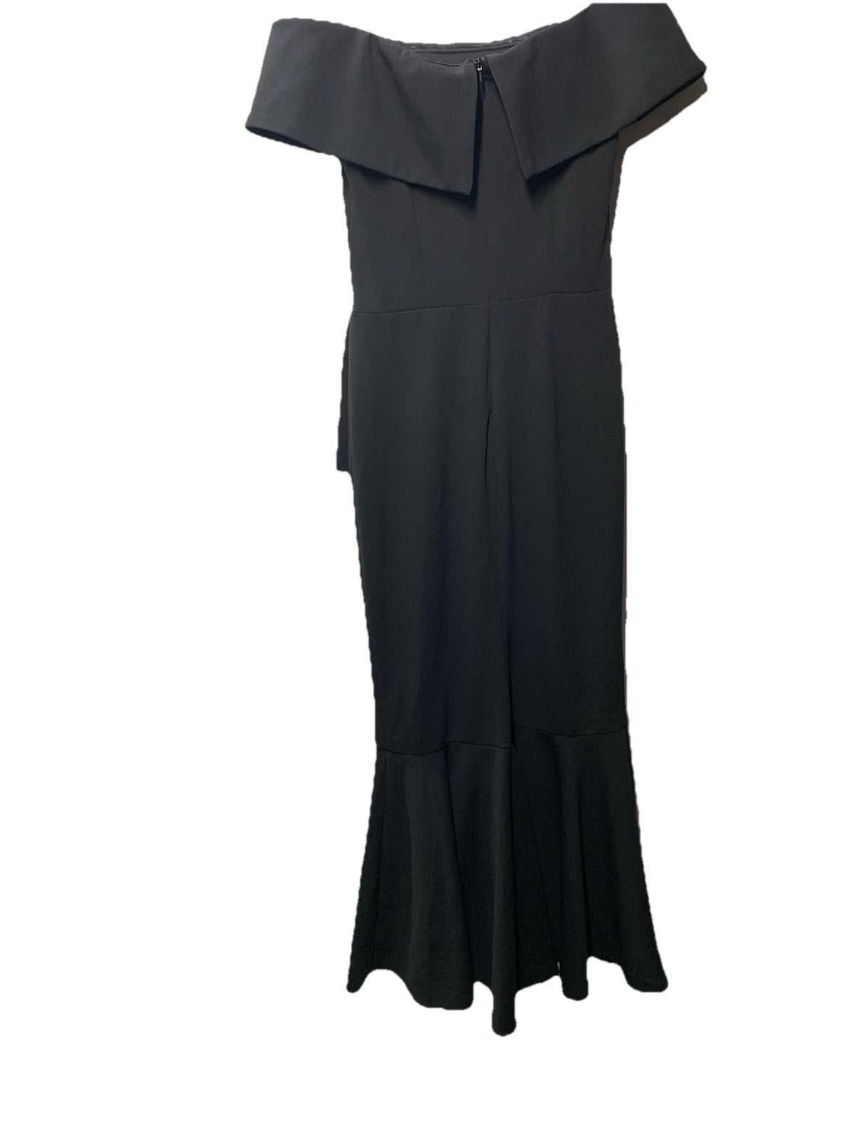 Betsy & Adam Long Off Shoulder Cascade Ruffle Stetch Scuba Crepe Gown Size 8 BLK