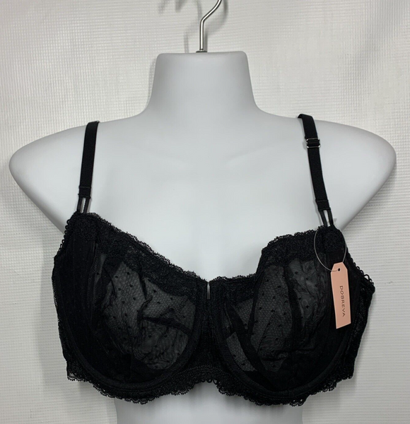 DOBREVA Women's Sexy Lace Bra Underwire Balconette Unlined Demi Sheer Black 42D