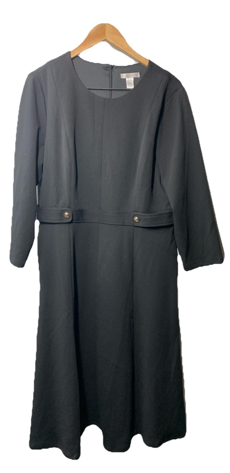 London Times Crepe Fit and Flare Midi with Waist Button Detail Size 16 Black