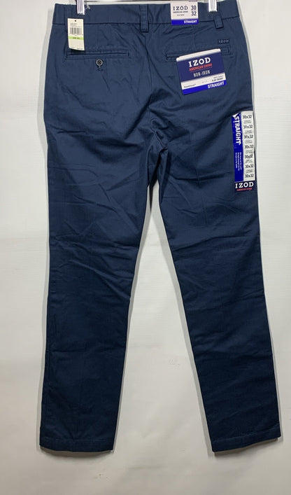 IZOD Mens Flat Front Non Iron Max Straight Fit Chino Jeans Blue 30x32 Long Pants