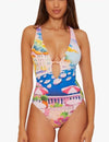 Becca Womens Positano One Piece Swimsuit With Plunge Neck, Reversible Size Large