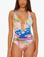 Becca Womens Positano One Piece Swimsuit With Plunge Neck, Reversible Size Large