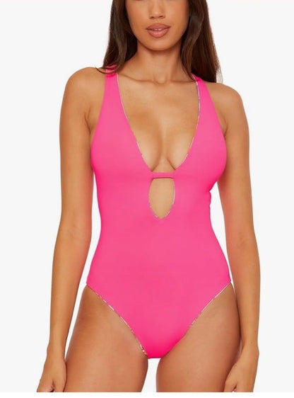 Becca Womens Positano One Piece Swimsuit With Plunge Neck, Reversible Size Large