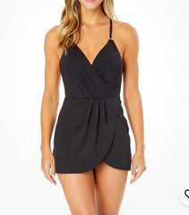 Anne Cole Women's Swim Dress One-Piece Swimsuit V-neck Black Swimwear Size 8