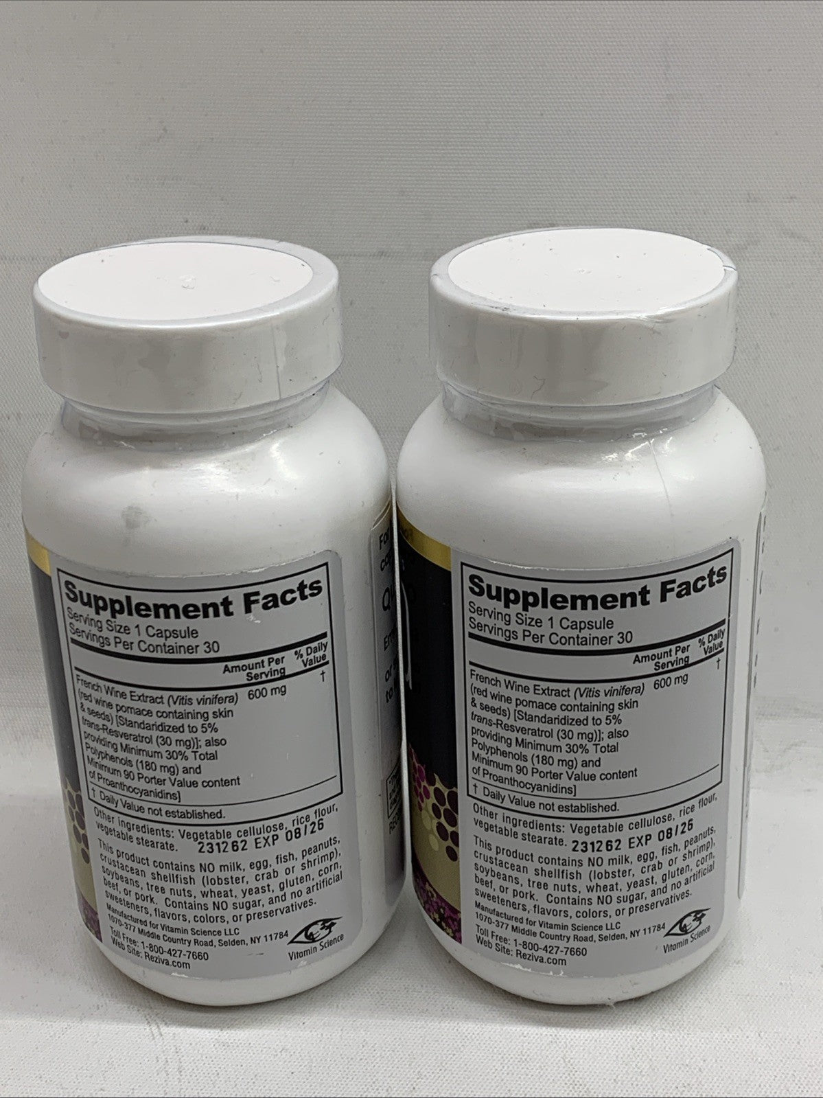 Reziva Resveratol Supplement Formula Longevity & Eye Health 30 Capsules Lot Of 2