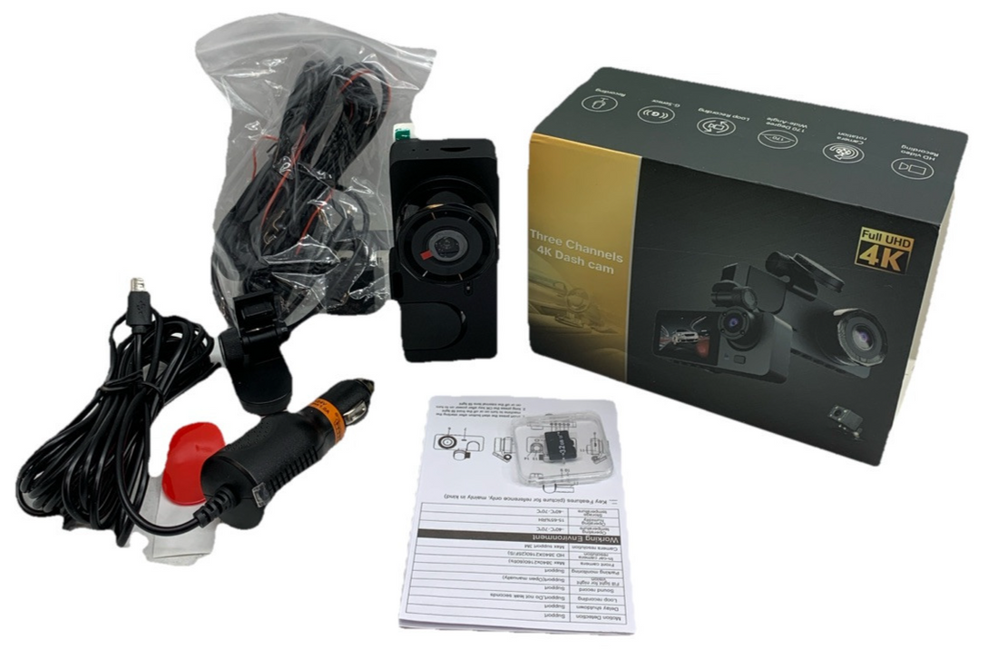 Azacvb Three Channels 4K Dash Cam 8MP HD Camera Video 2.0" Display MOV Black