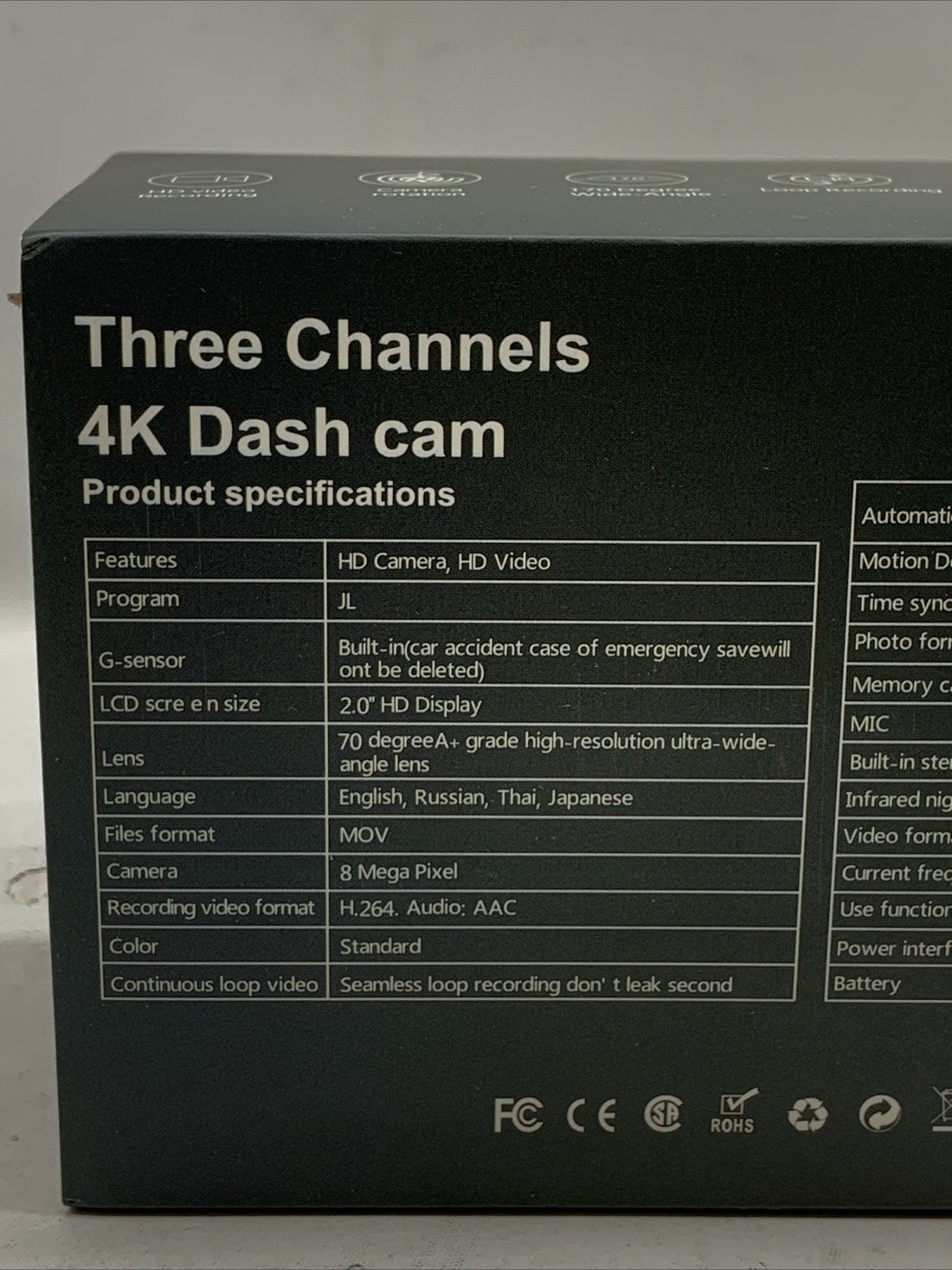 Azacvb Three Channels 4K Dash Cam 8MP HD Camera Video 2.0" Display MOV Black